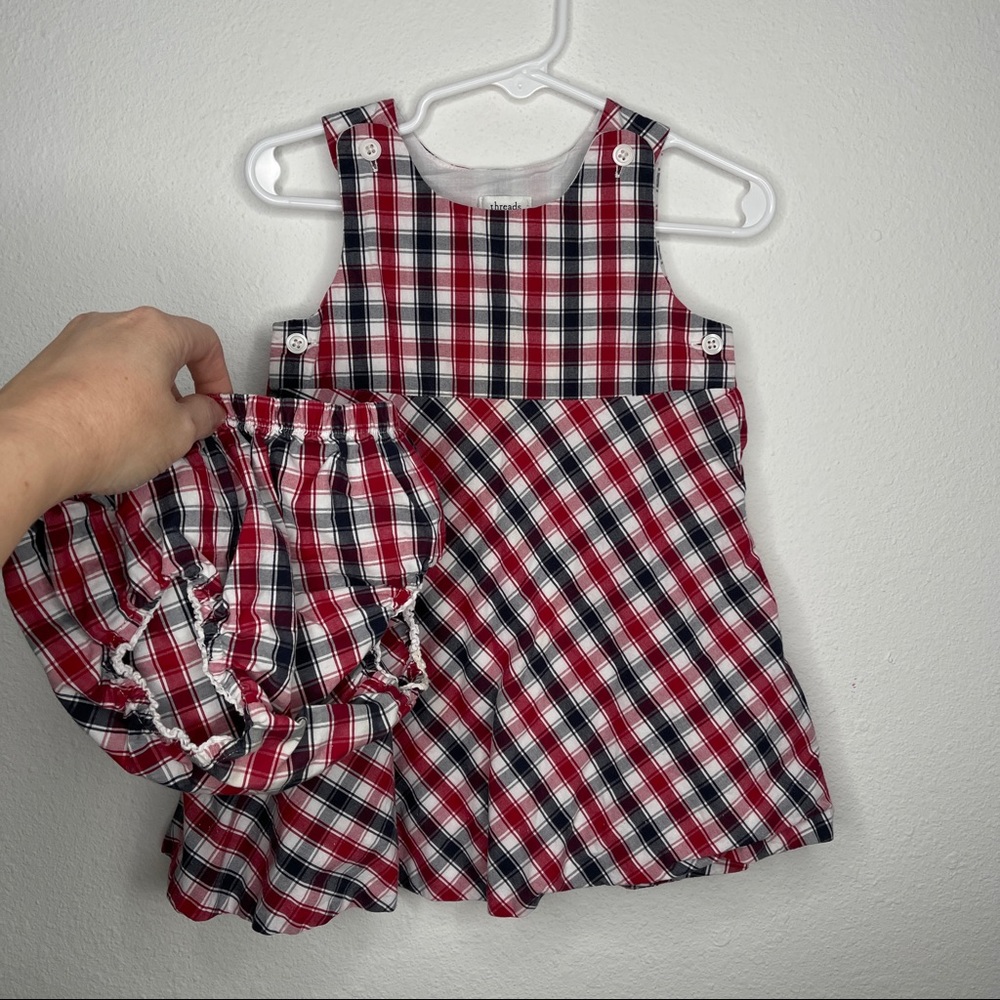 Baby threads red white blue plaid shift dress and bloomers Sz 12-18 mo